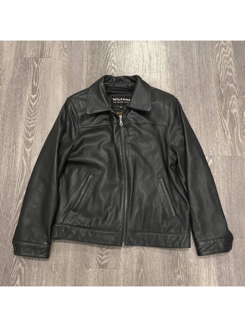 Wilsons Leather Mens Black Genuine Leather Bomber Jacket Full Zip Collared M.